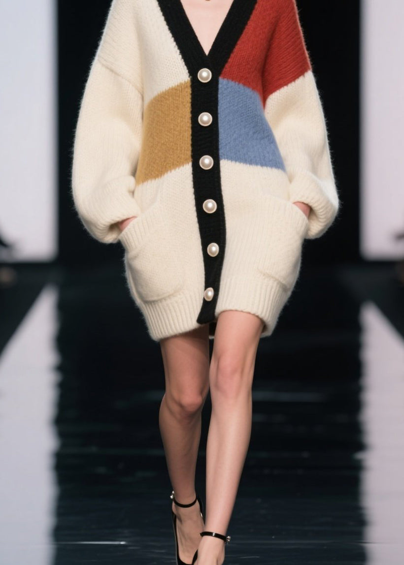 Colorblock V Neck Button Patchwork Knit Cardigan Fall
