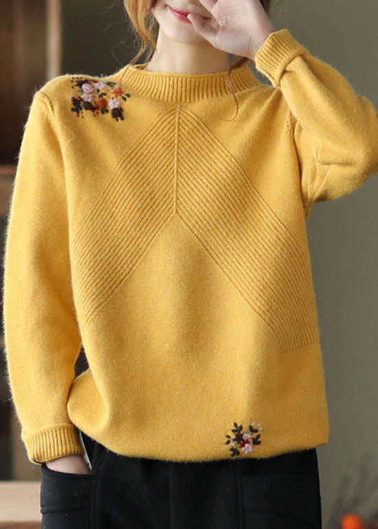 Yellow Embroidered Knit Sweater Winter
