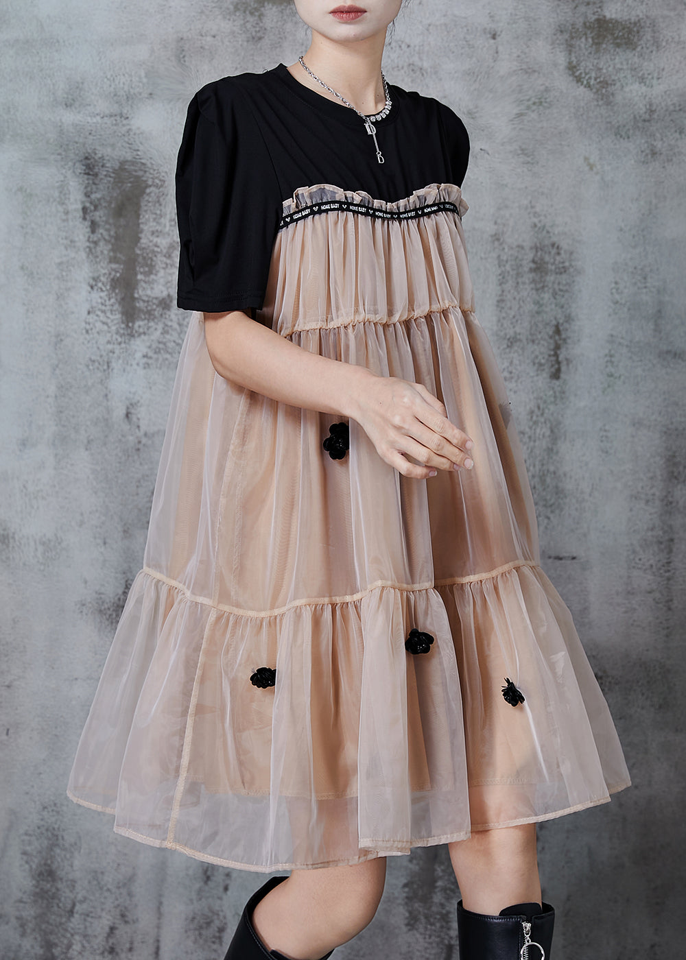 Khaki Oversized Patchwork Tulle Tea Dress Summer