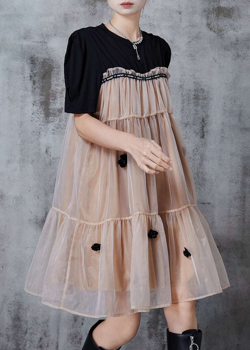 Khaki Oversized Patchwork Tulle Tea Dress Summer