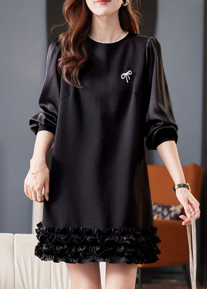 Black O Neck Pearl Ruffled Cotton Mid Dress Fall