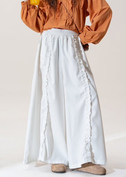 White Pockets High Waist Cotton Wide Leg Pants Ruffled