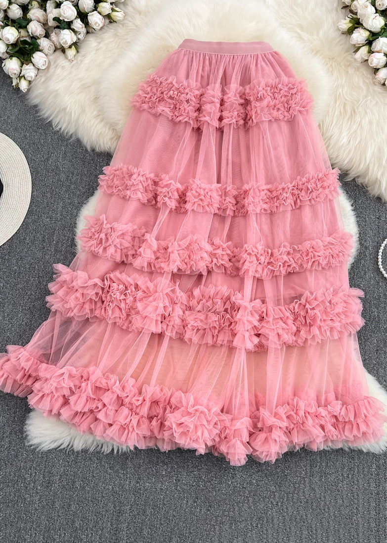 Pink Ruffled Patchwork Tulle Cake Skirt Spring