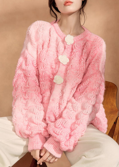 Simple Pink O Neck Button Knit Cardigan Fall