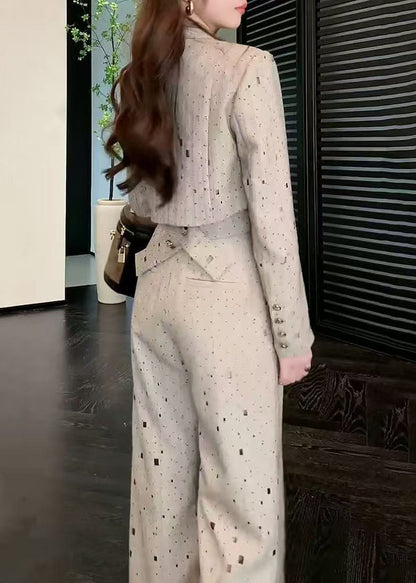 Stylish Grey Notched Print Top and Wide Leg Pants Two Pieces Set Spring