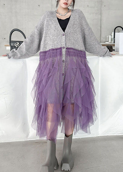 Grey V Neck Tulle Patchwork Knit Cardigans Fall