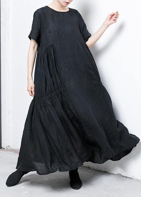 Linen Cotton Robes Pure Color Pleated A-line Dress