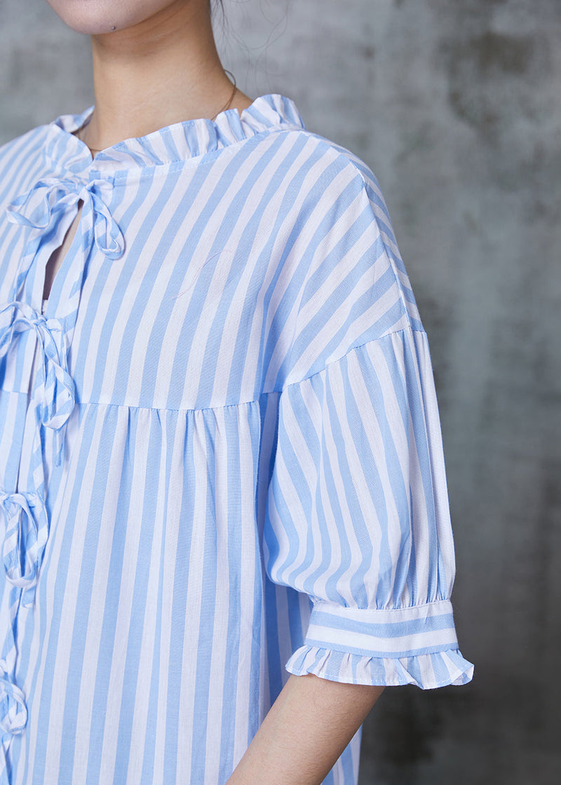 Blue Ruffled Striped Cotton Shirt Tops Half Sleeve