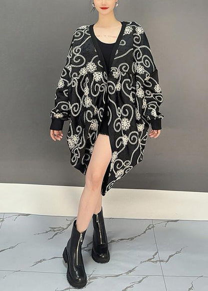 Loose Black V Neck Button Print Cotton Cardigan Fall