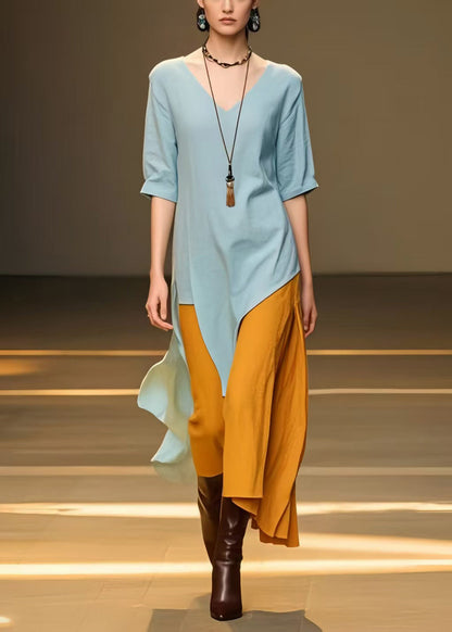 Sky Blue Asymmetrical Patchwork Cotton Long Dress Summer