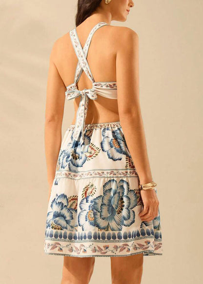 French Backless Lace Up Print Cotton Mid Dress Summer