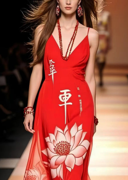 Red Lotus Print Chiffon Cami Dresses Summer