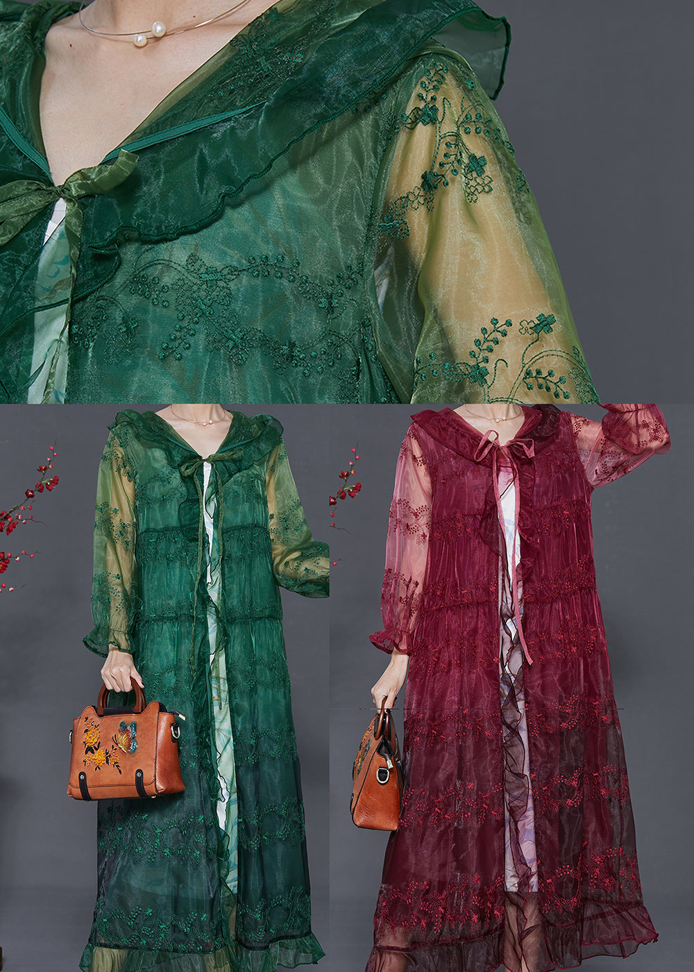 Green Organza Upf 50+ Cardigans Embroidered Ruffled Summer