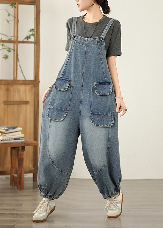 Blue Patchwork Denim Jumpsuit Pockets Spring