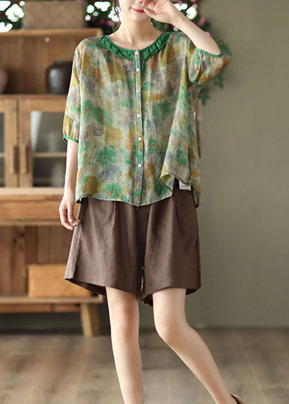 Simple Reddish Black O Neck Patchwork Print Linen Shirt Tops Half Sleeve