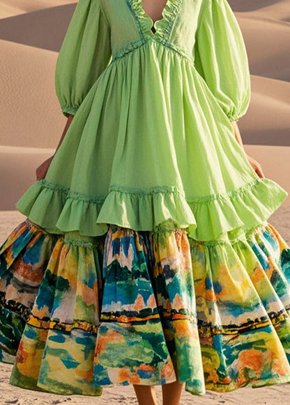 Light Green Ruffled Patchwork Exra Large Hem Cotton Party Dress Half Sleeve