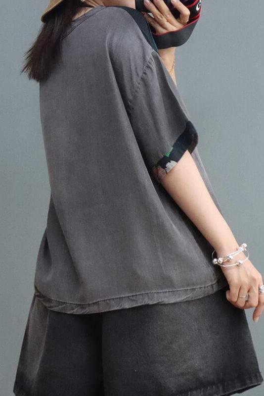Denim Cotton Linen Stitching V Neck T-shirt