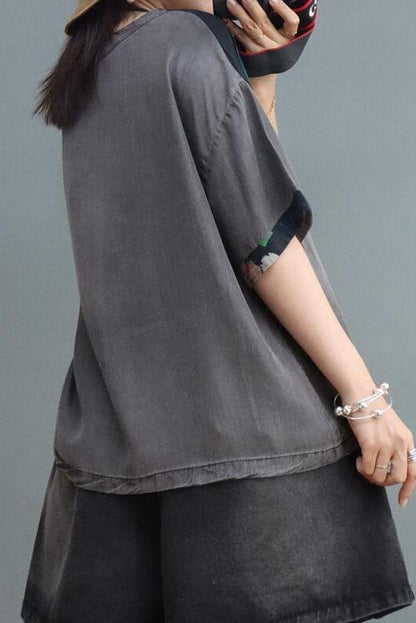 Denim Cotton Linen Stitching V Neck T-shirt