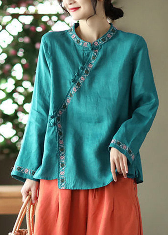 Blue O-neck Print Button Linen Shirt Long Sleeve