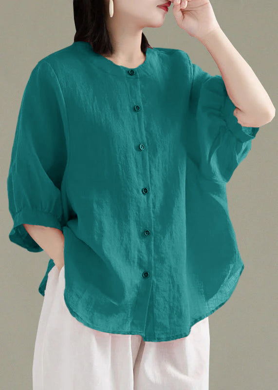 Art Red O-neck Button Linen Loose Shirt Top Lantern Sleeve