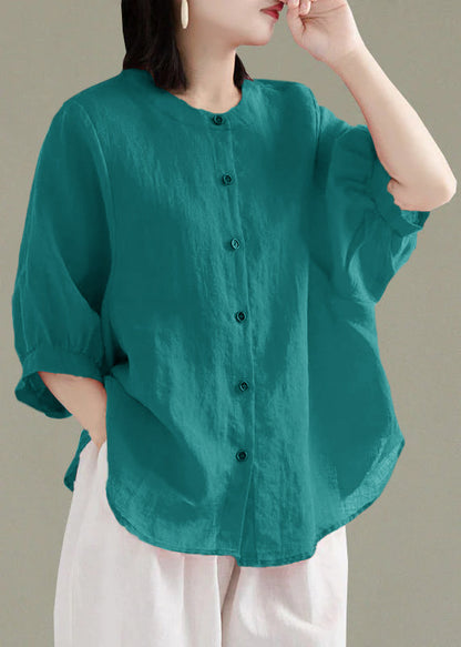 Art Red O-neck Button Linen Loose Shirt Top Lantern Sleeve