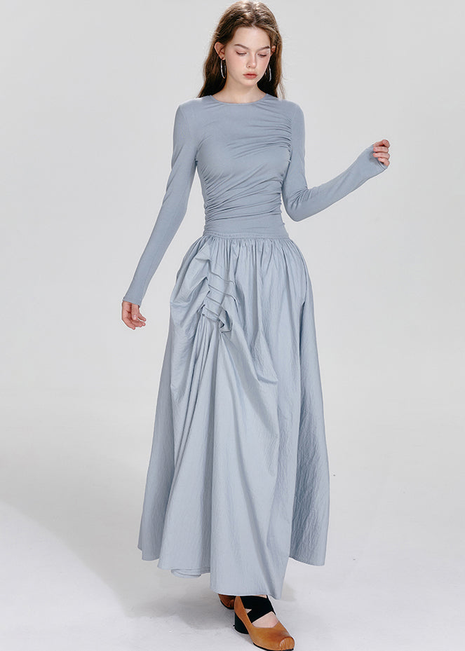 French Blue O-neck Asymmetrical Wrinkled Maxi Dresses Fall