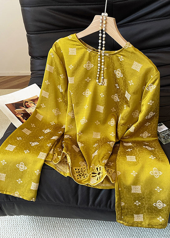 Yellow O Neck Print Hollow Out Silk Shirt Tops Fall