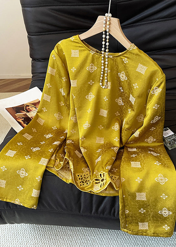 Yellow O Neck Print Hollow Out Silk Shirt Tops Fall