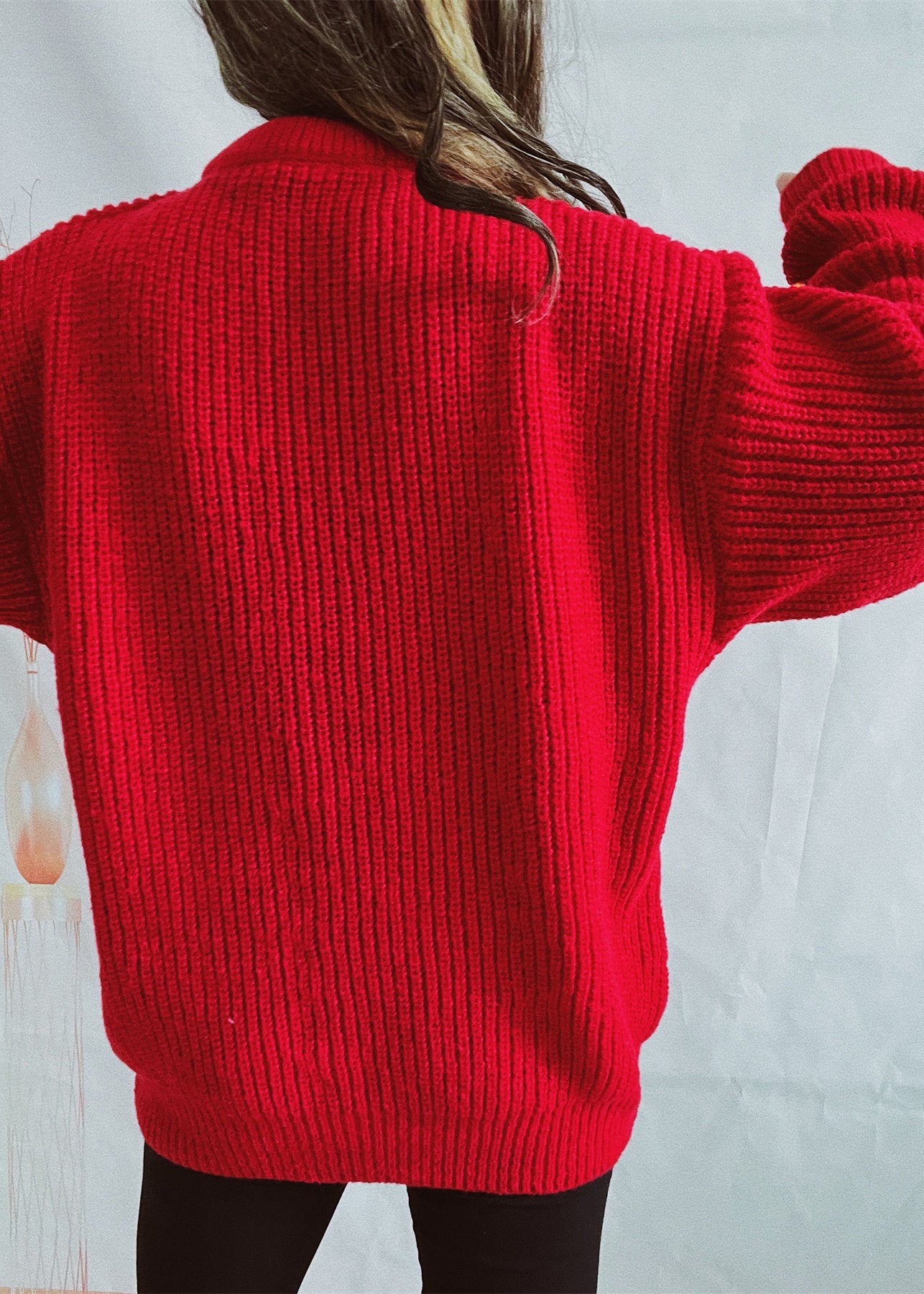 New Red O-neck Christmas Decorated Knit Sweater Winter