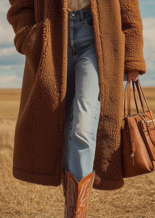 French Brown Peter Pan Collar Pockets Faux Fur Long Coats Winter