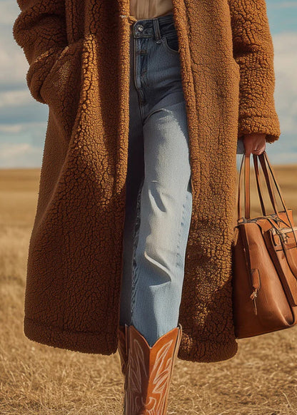 French Brown Peter Pan Collar Pockets Faux Fur Long Coats Winter