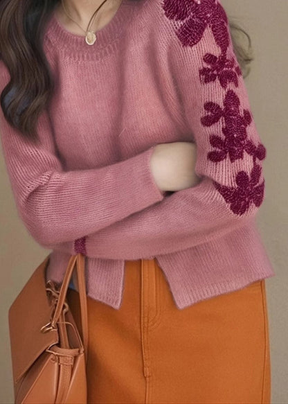 Rose Embroidered Side Open Knit Sweater Tops Winter