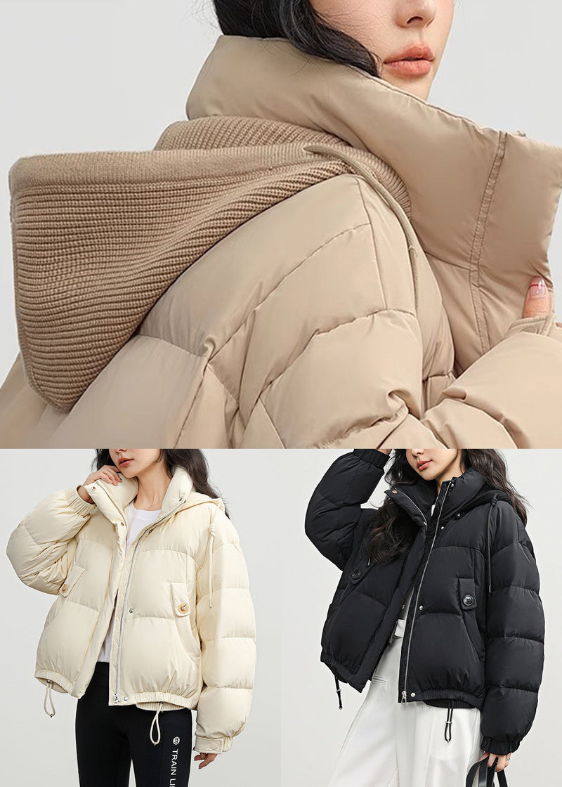 Khaki Button Pockets Drawstring Duck Down Puffer Coat
