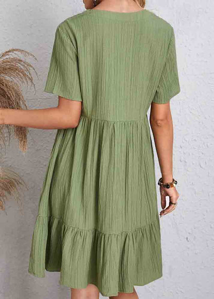 Army Green V Neck Patchwork Cotton Day Dress Summer