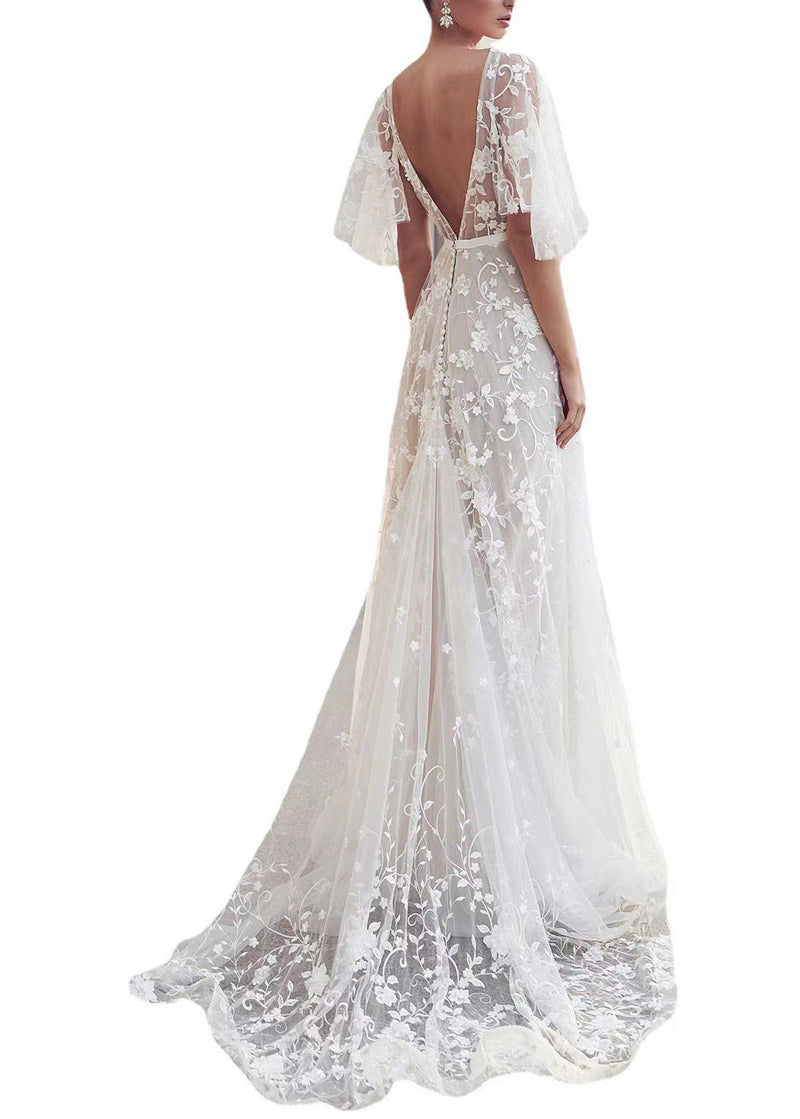 Stylish White V Neck Backless Lace Dresses Summer