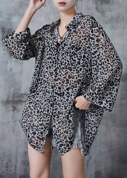 Grey Oversized Leopard Print Chiffon Shirt Top Fall