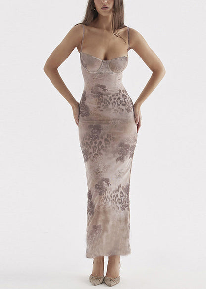 Stylish Khaki Print Slim Fit Silk Spaghetti Strap Dress Summer