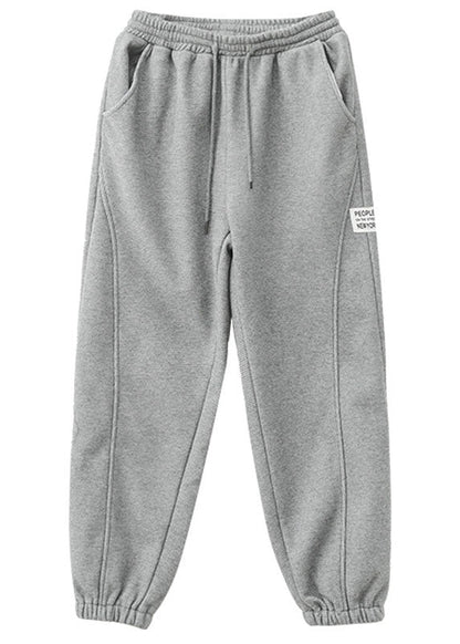 Diy Grey Elastic Waist Patchwork Warm Fleece Pants Winter