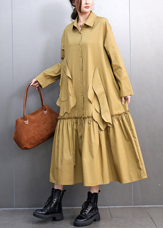 Yellow Peter Pan Collar Pockets Long Shirts Dresses Spring