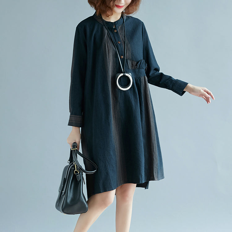 New Blue Striped Cotton Linen Dress Long Sleeve Baggy Dresses Stand Side Open Linen Cotton Dress