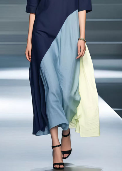 Art Navy Asymmetrical Design Cotton Fake Two Piece Dresses Summer