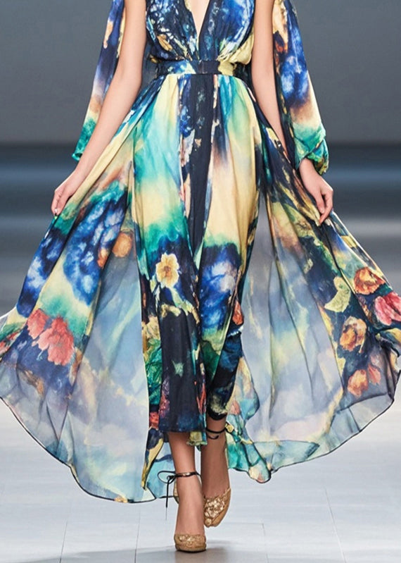 Navy Cold Shoulder Print Chiffon Holiday Dress Summer