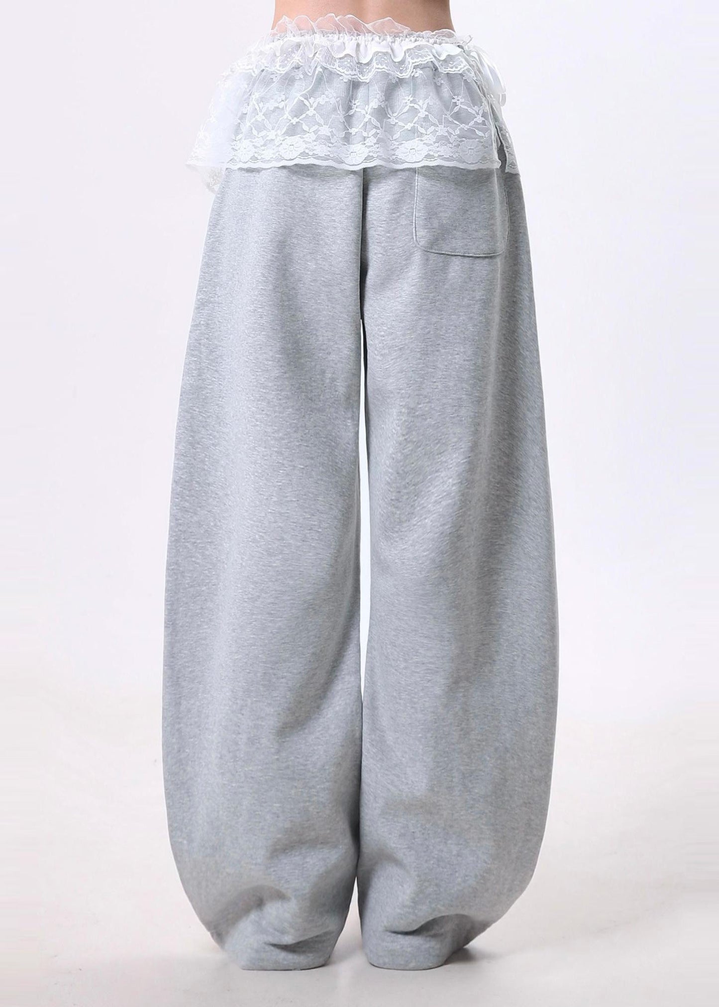 Grey Oversized Patchwork Lace Cotton Wide Leg Pants Spring