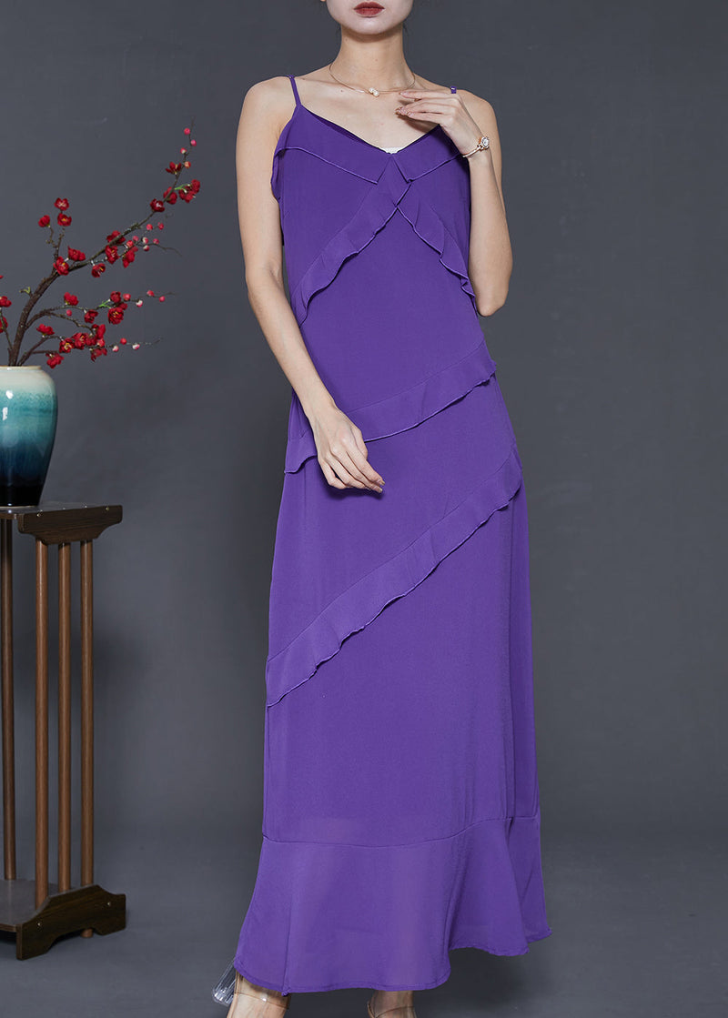 Italian Purple Ruffled Chiffon Spaghetti Strap Dress Two Piece Set Summer