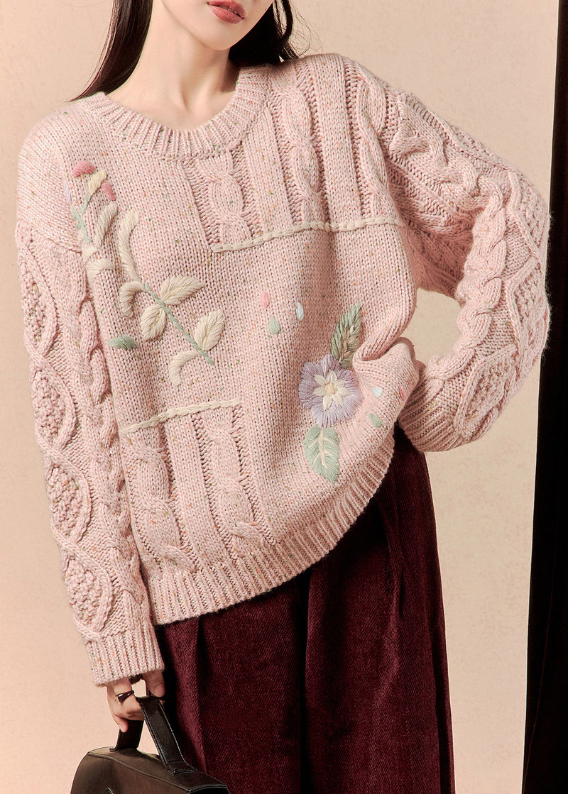 Pink Embroidered Loose Knit Sweater O-neck Spring