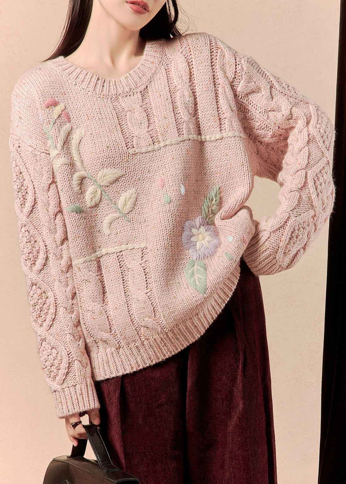 Pink Embroidered Loose Knit Sweater O-neck Spring