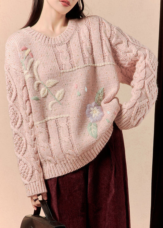 Pink Embroidered Loose Knit Sweater O-neck Spring