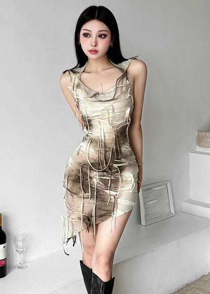 Fitted Khaki Print Tassel Hooded Mid Dress Summer