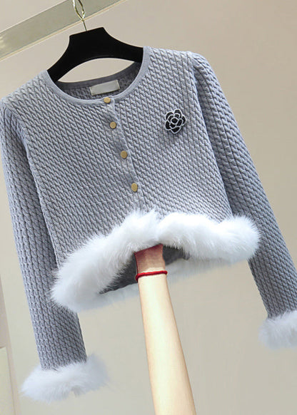 Stylish Grey O-neck Fuzzy Fur Fluffy Cotton Knit Sweater Winter