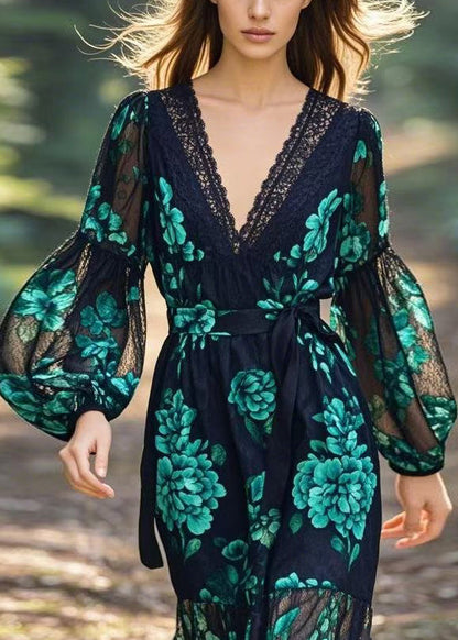 V Neck Print Lace Patchwork Tie Waist Chiffon Dress Spring